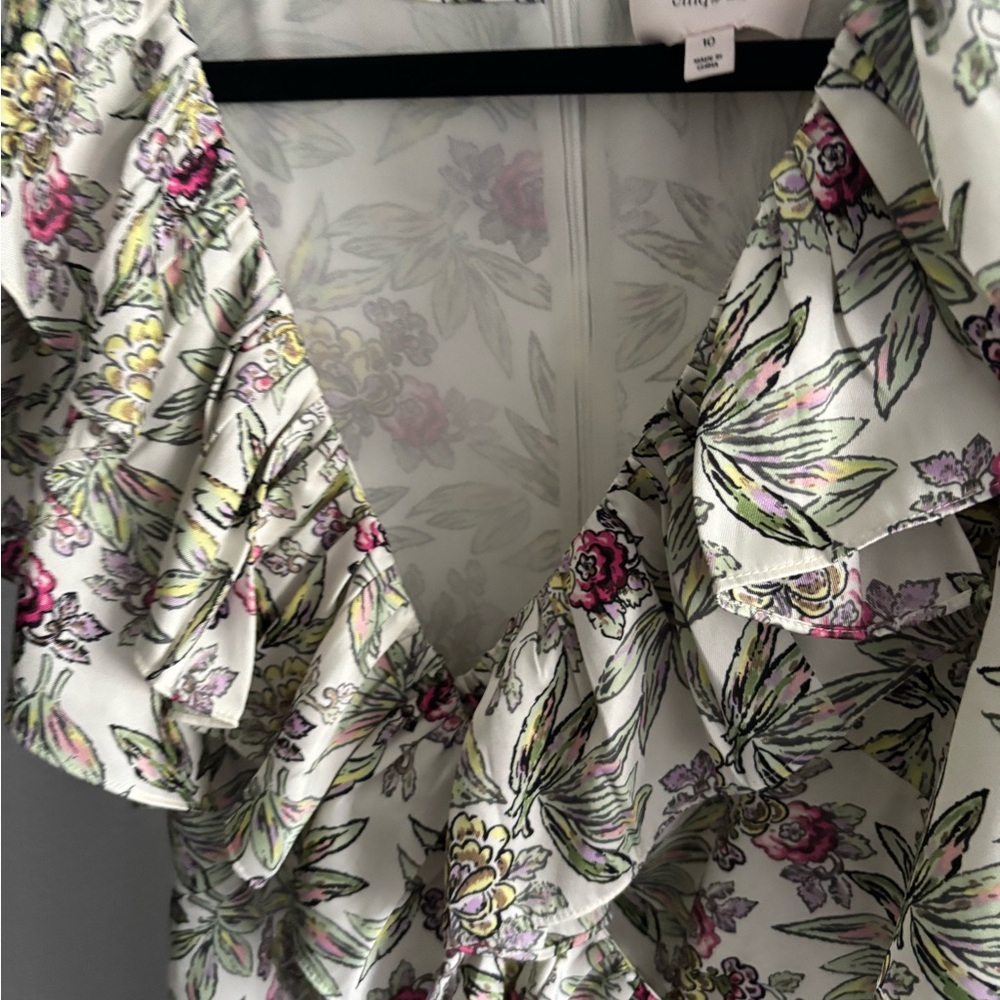 cinq a sept Floral V-Neck Dress in Cream with Pink & Green - Picture 5 of 8